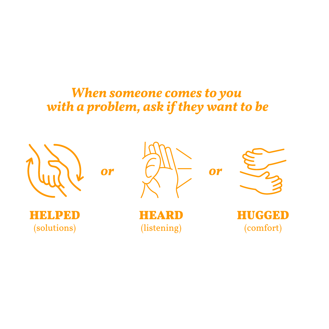 be helped (solutions), heard (listening), or hugged (comfort).